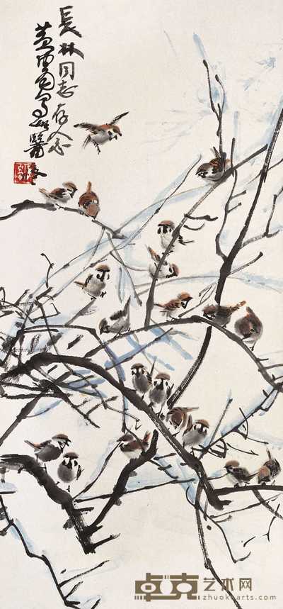 黄胄 群雀 立轴 81.5×38cm